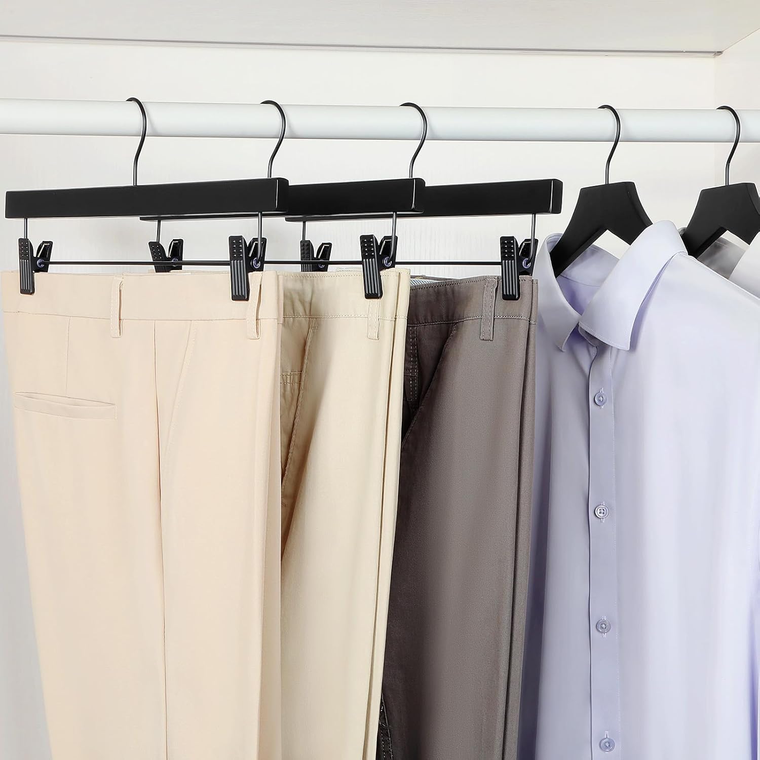 TOPIA HANGER Wooden Pants Hangers 10 Pack, Black Skirt Hangers with Clips and Rotatable Hook, Durable Natural Rubber Wood Organizer for Skirts, Pants, Jeans โ image 4