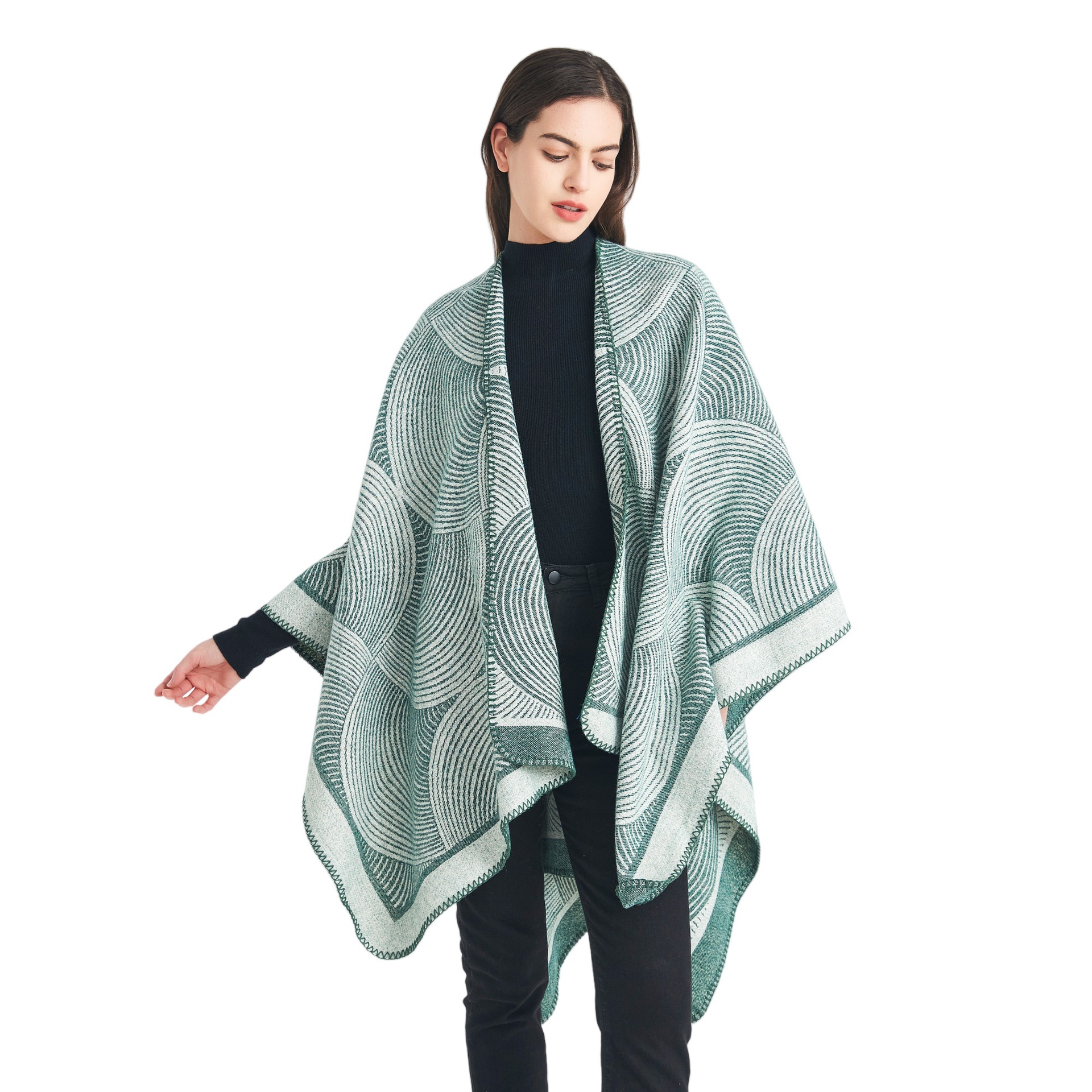 Green Geometric Print Cape - Cozy Knit Poncho for Women (165 × 130cm) — image 3