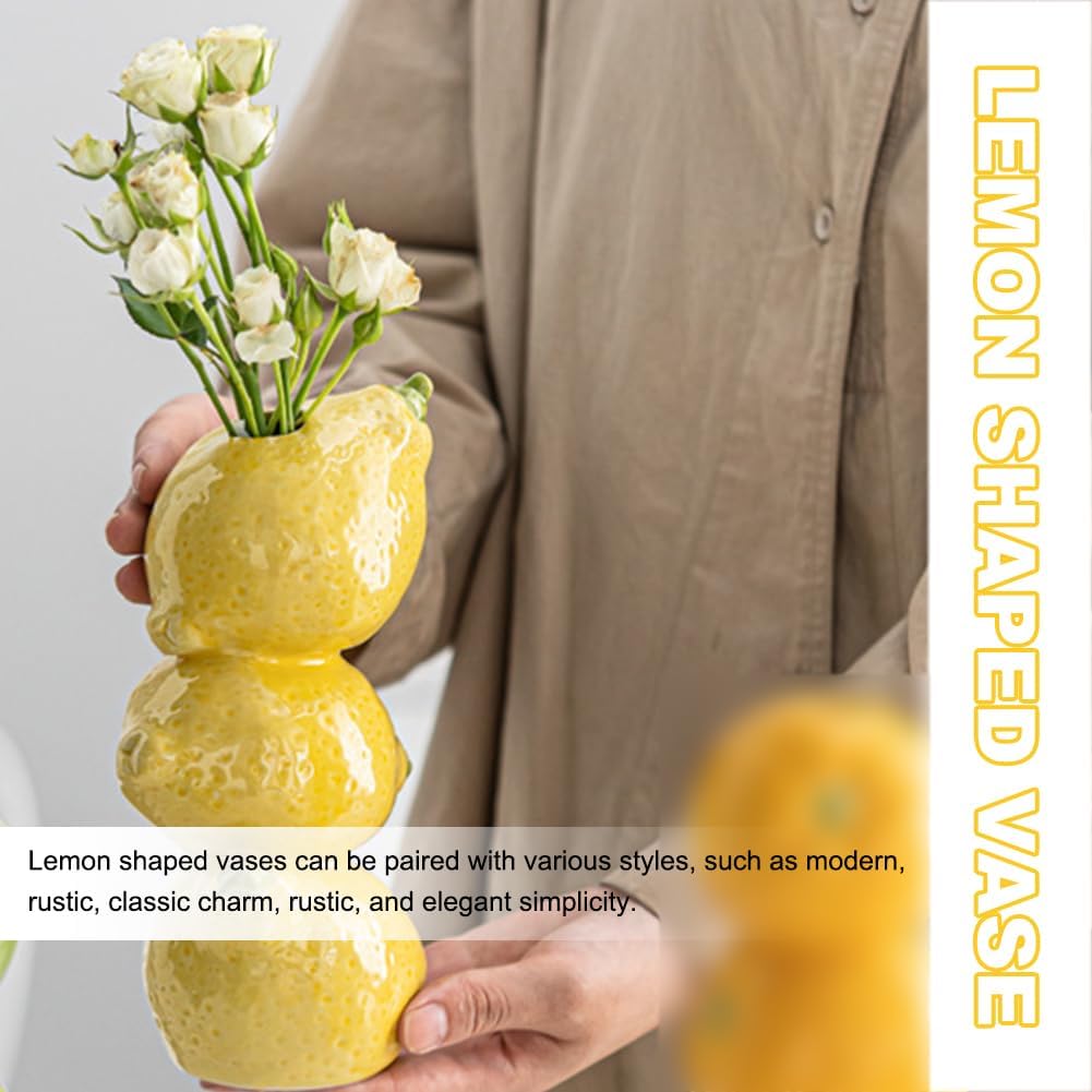 Citroenkeramiek vase - Unique fruit-shaped vase - 3D lemon design - Creative fruit and flower arrangement - Suitable for home and kitchen decor - Yellow — image 2