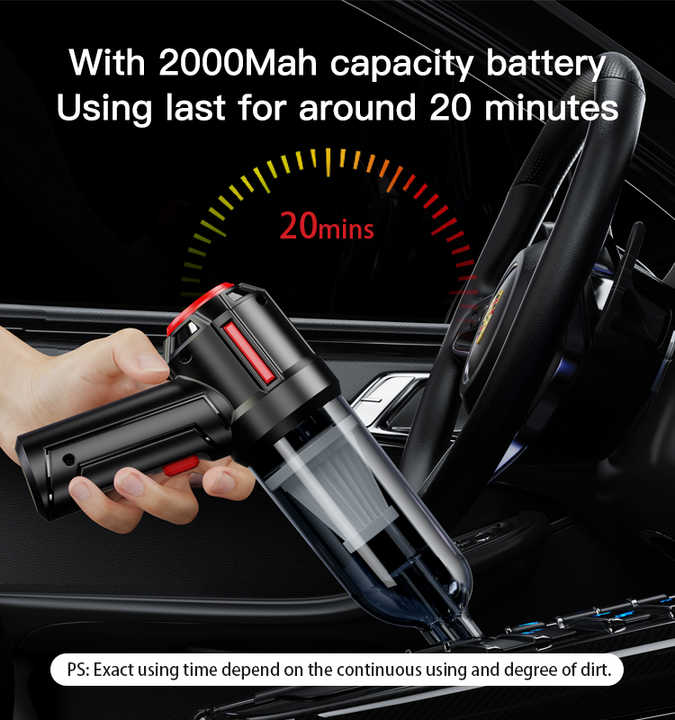 Black 3-in-1 Car Vacuum Cleaner with Blowing, Suction, and Dust Extraction - 2 x 2000mAh Rechargeable Batteries, Includes Floor Brush and Car Charger โ image 3
