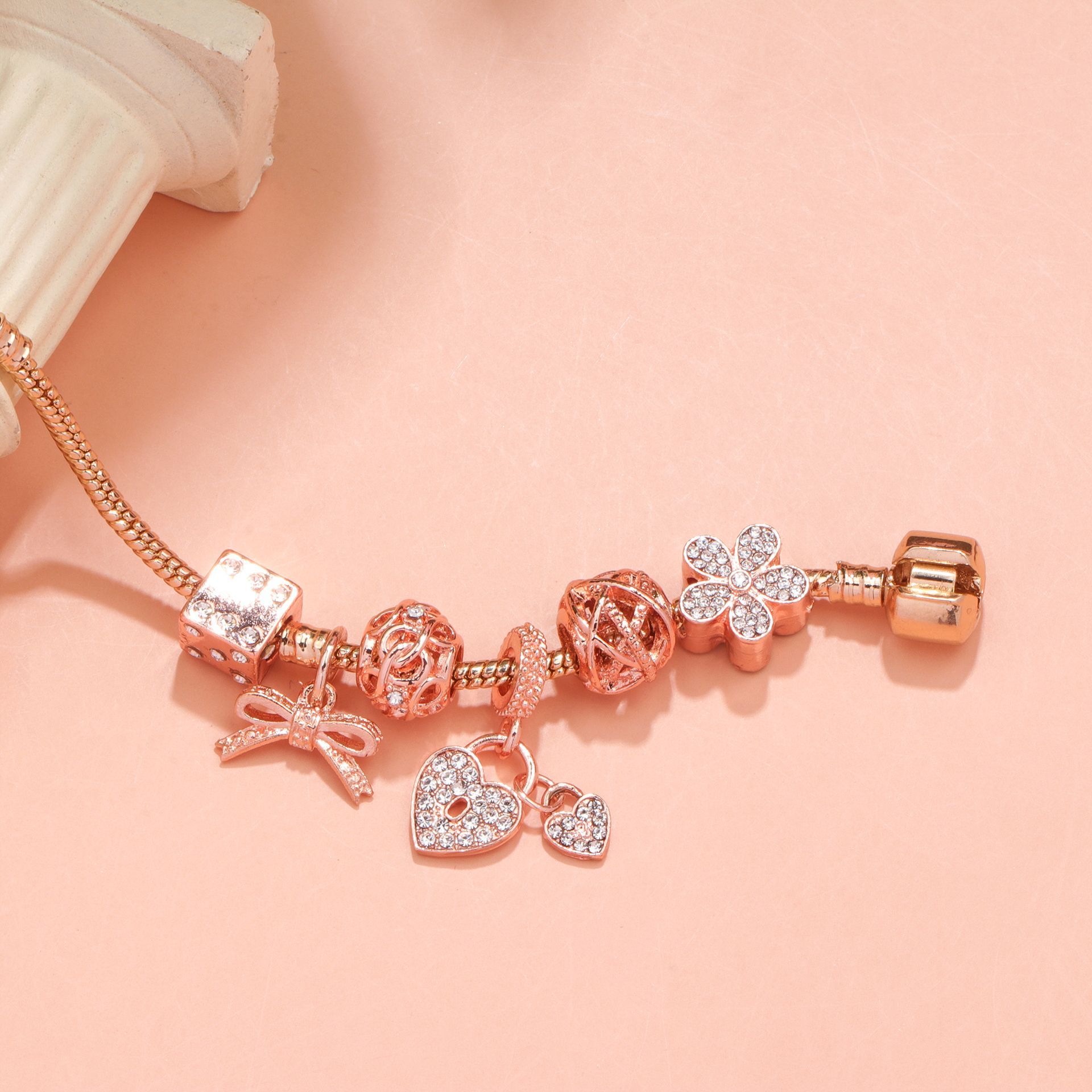 Hollow Out Crystal Flower Heart Bow Charm Bracelet(rose gold, 19cm) โ image 2