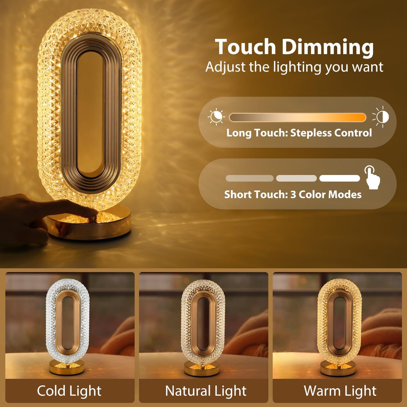 Oval Table Lamp, Stepless Dimmable Touch Lamp with 3 Colors, Rechargeable Night Light with USB Port, Crystal Modern Oval Light — image 4