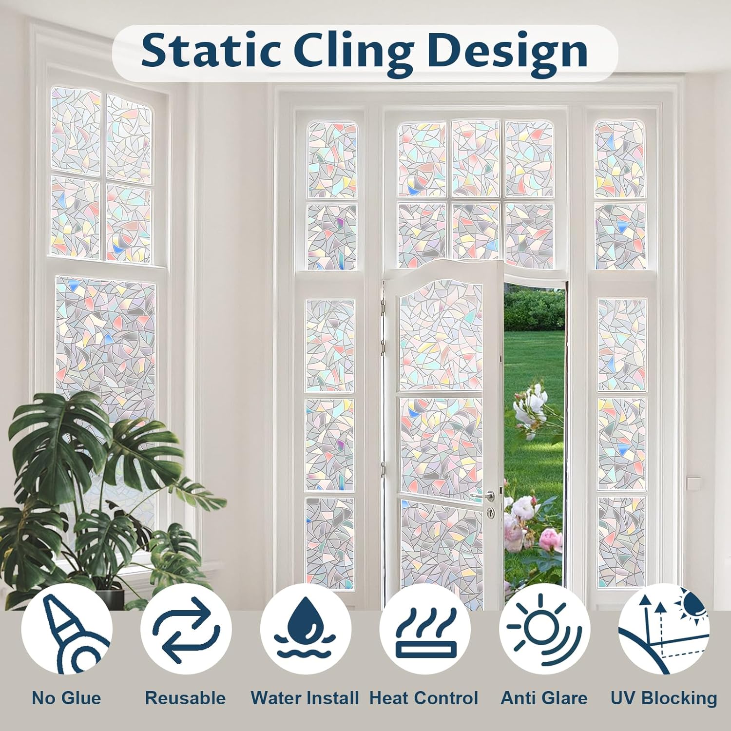 Rainbow Window Privacy Film Non-Adhesive Sun Blocking Reusable and Removable Glass Film Door Coverings for Bathroom, Home, Office, 17.5 x 78.7 Inch โ image 3