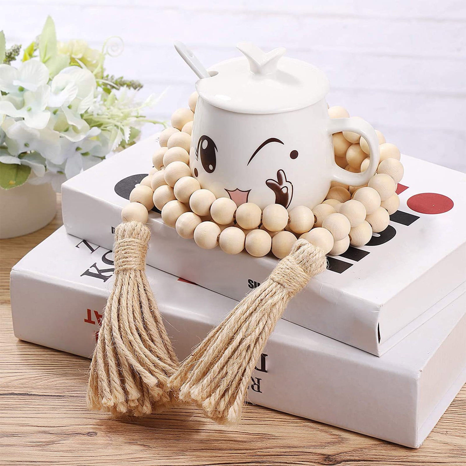 Twine Beaded, Desktop Ornament Promotion, 58In Wood Bead Garland with Tassels Farmhouse Beads Rustic Nature Country Decor Prayer Boho Beads Wall Hanging — image 2