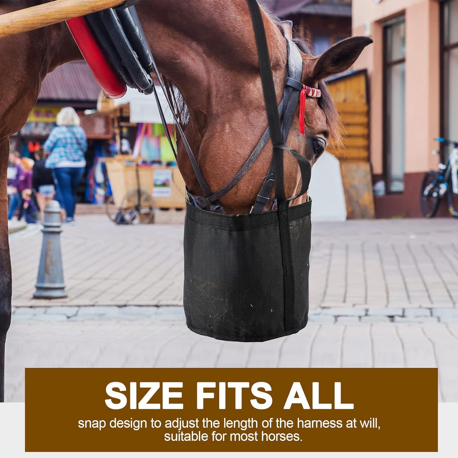 Horse Feed Bag Comfort Breathable Mesh Feed Bucket Heavy Duty Feed Bag with Adjustable Strap and Waterproof Bottom (Black) โ image 4