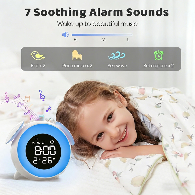 Children's alarm clock, educational day/night alarm clock with 15-color night light, snooze function, 2 alarms, weekday/weekend mode, digital alarm clock for — image 3