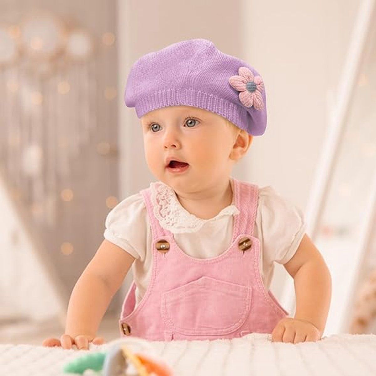 Girls' beret winter warm hat toddler French knitted hat baby cute floral beret, Travel and Daily Winter Wear, Purple — image 6