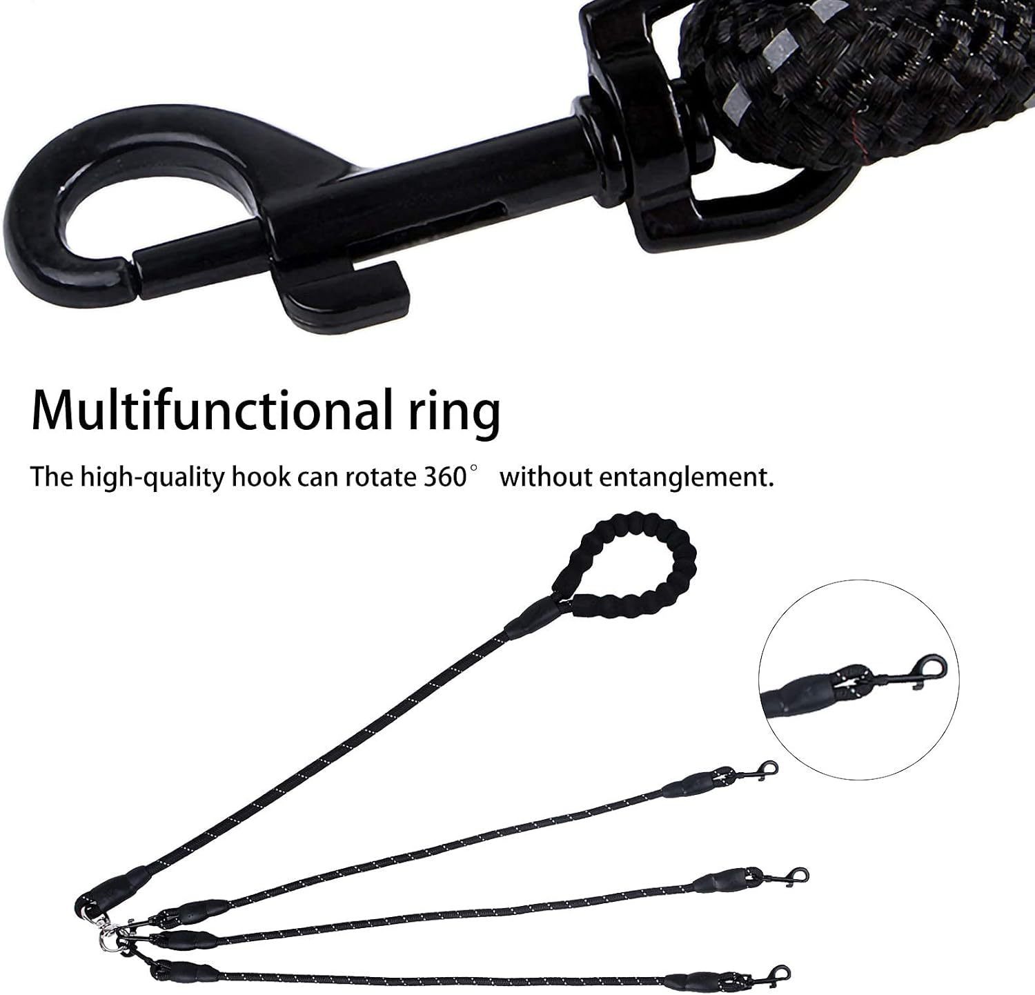 Red 3-in-1 No-Tangle Dog Leash for 1-3 Small Large Dogs – Heavy Duty 360° Swivel Bungee Coupler with Reflective Nylon Braid & Padded Handle — image 4