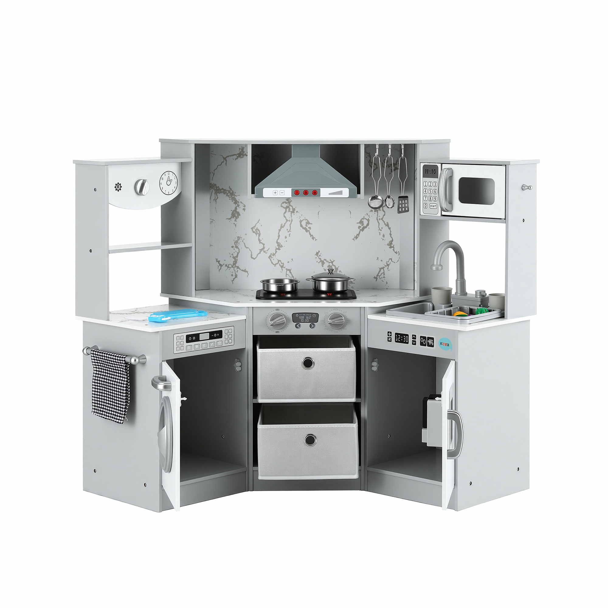 Keezi 112cm Wooden Pretend Kitchen Playset Kids Toy Sink Stove Grey โ image 3