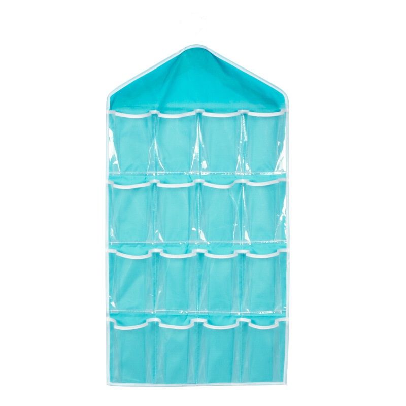 Blue 16 Pocket Hanging Wardrobe Organizer - Clear PE and Polyester Storage Bag with 16 Visible Compartments, Space Saving Over Door or Closet Hanger for Socks