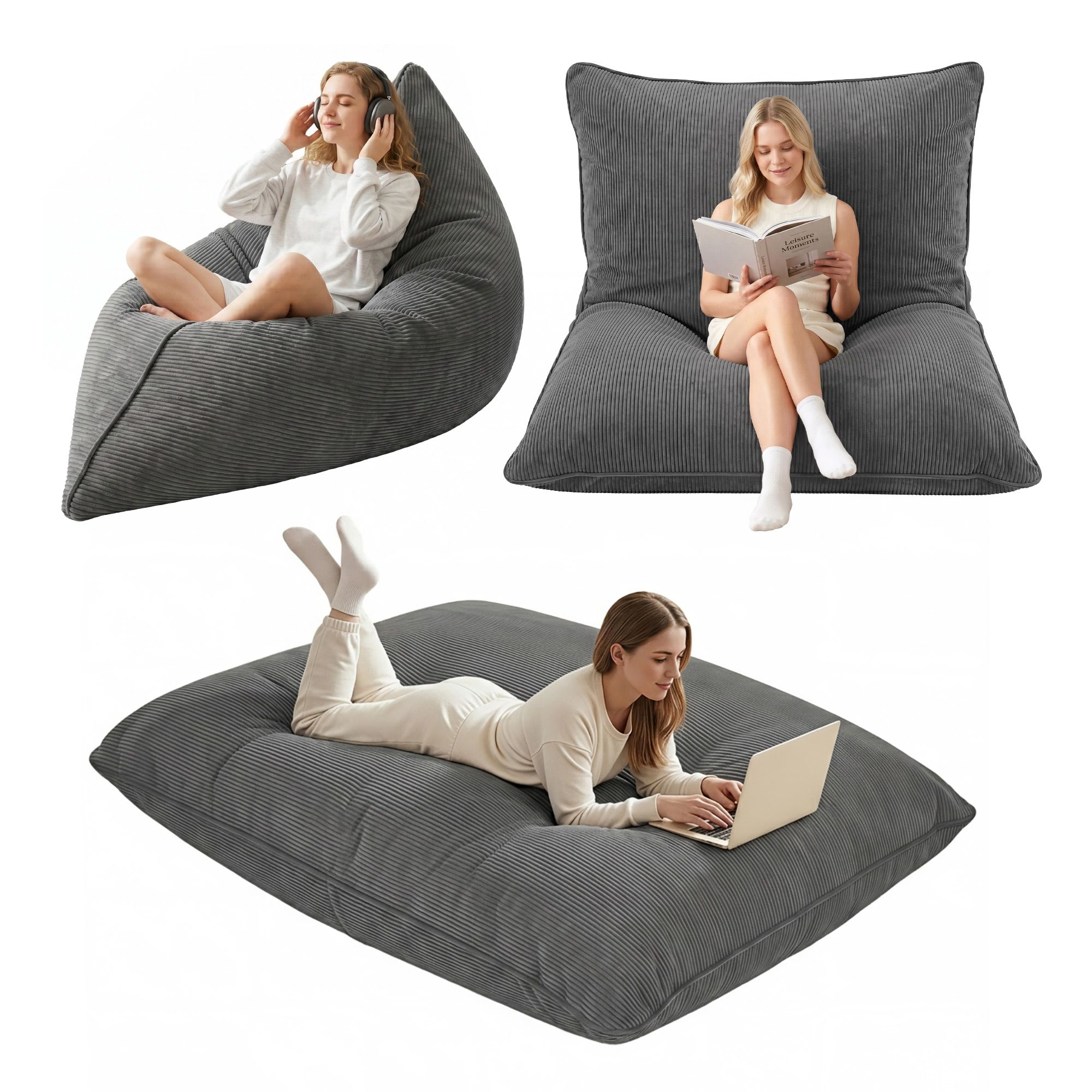 Artiss 3 in 1 Bean Bag Chair Cover (No Filler) Convertible Bean Bag for Adults, Corduroy Stuffed Animal Storage Bean Bag Cover Washable for Living Room