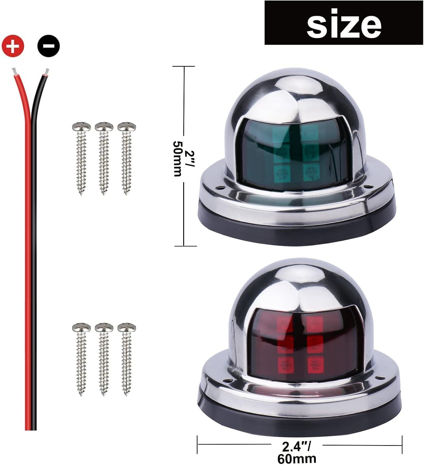 Pair of Stainless Steel LED Boat Navigation Lights, Marine Bow Lights for Pontoons, Small Boats, Yachts and Night Sailing, Silver — image 2