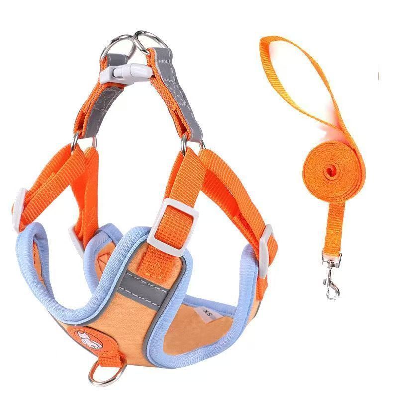Dog Harness Reflective Leash Small Medium Dogs Orange [chest and back] + flat rope M (recommended 10-15kg )