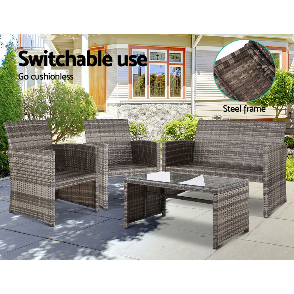Gardeon 4 PCS Outdoor Sofa Set Rattan Chair Table Setting Garden Furniture Grey โ image 6