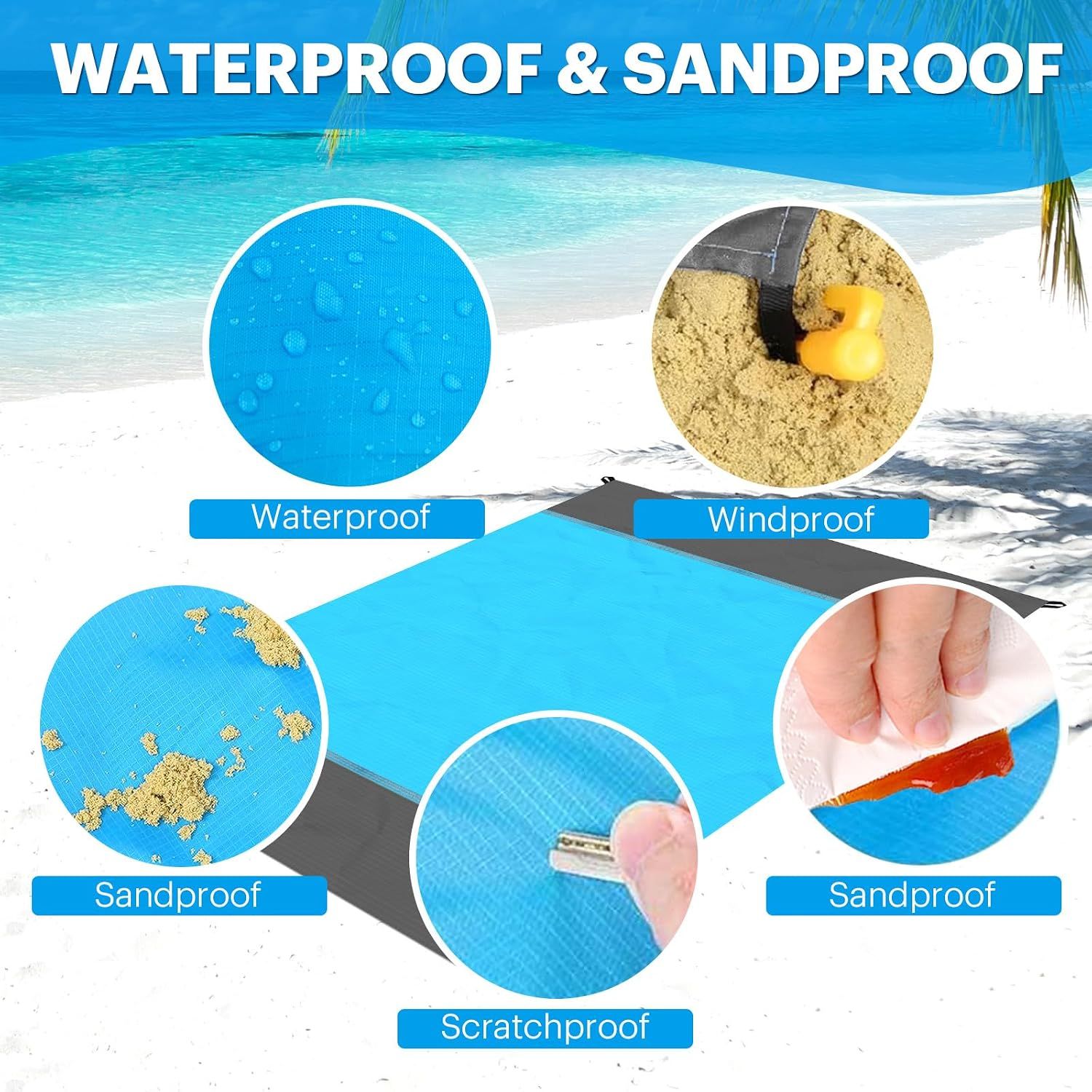 Oversized Sandproof Beach Blanket, Water Resistant Picnic Mat for Camping, Hiking, Travel and Family Beach Days, Blue, 200 x 210 cm — image 4