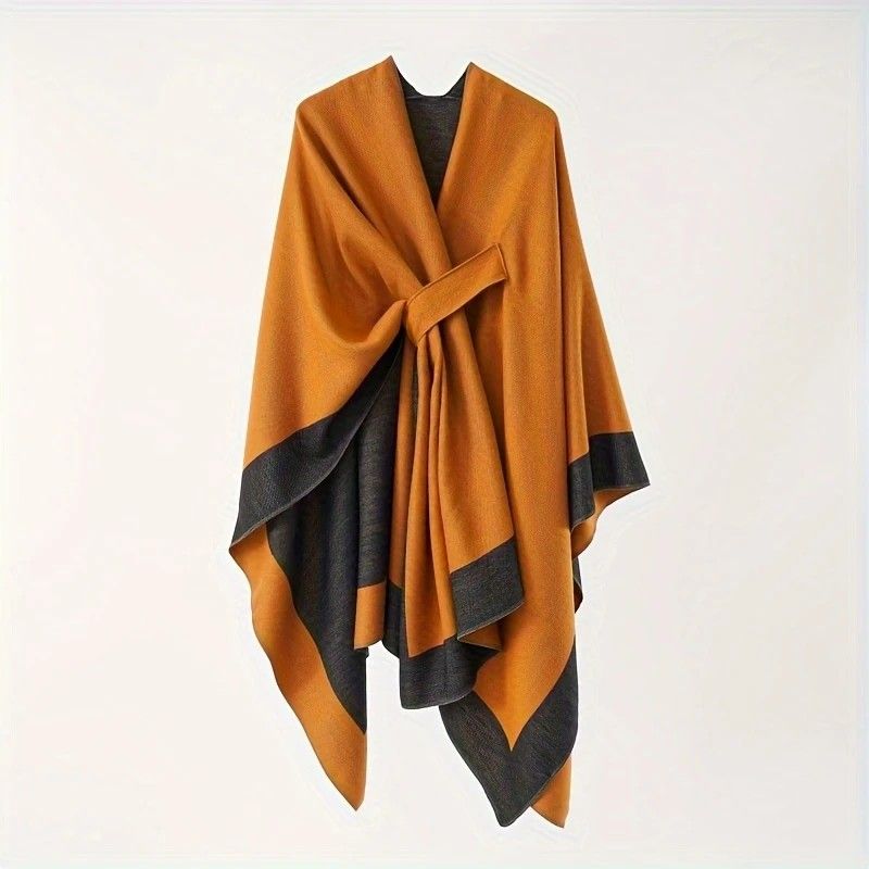 Solid Color Striped-Border Faux Cashmere Shawl Scarf, Minimalist Versatile Autumn Winter Warmth Elegant Accessory(Orange)