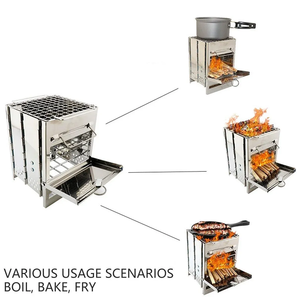 Square Wood Stove Mini Folding Grill Outdoor Camping Portable BBQ Cooking Rack — image 6
