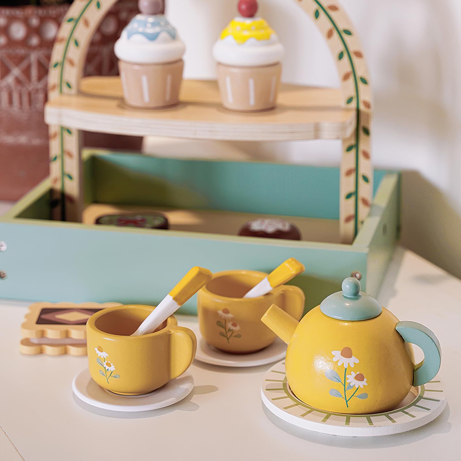 Wooden Dessert Cake Tea Party Set for Little Girls Toys, Pretend Play Kids Tea Set for Toddlers Wood Toys, Wooden Play Food Kitchen โ image 4