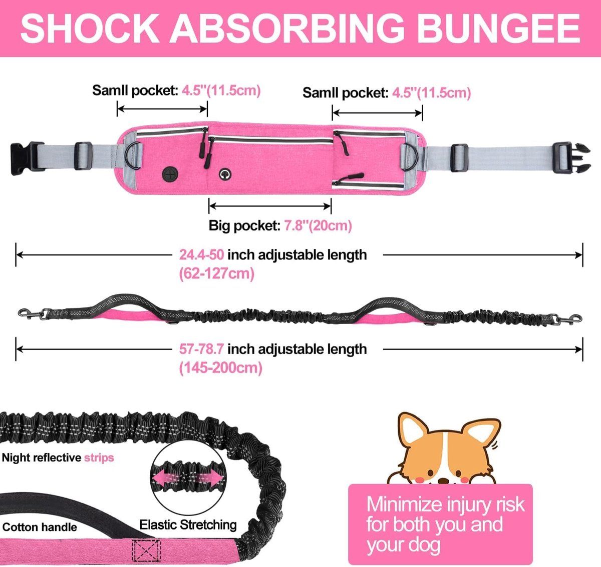 Hands Free Dog Leash With Adjustable Waist Belt, Shock Absorbing Bungee, Reflective Lead, Pockets And Bottle Holder, Pink — image 5