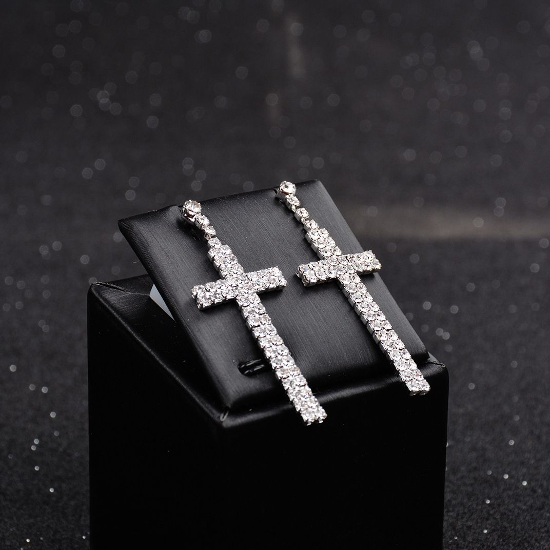 Rhinestone Cross Dangle Stud Earrings for Women Girls Silver Plated Crystal Cubic Zirconia Dangling Studs Delicate Lightweight β image 3