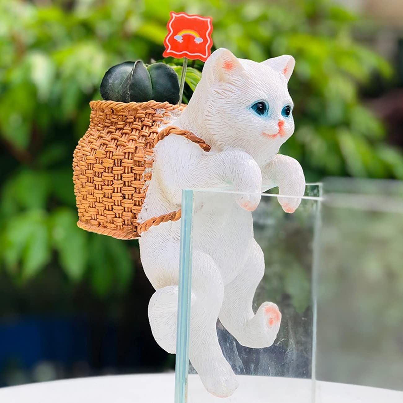 Planter Pot Hanger, Cute White Cat Outdoor Statues with Basket for Flower Pot Decor, Fish Tank Decor, Desk Decor, Table Decor — image 5