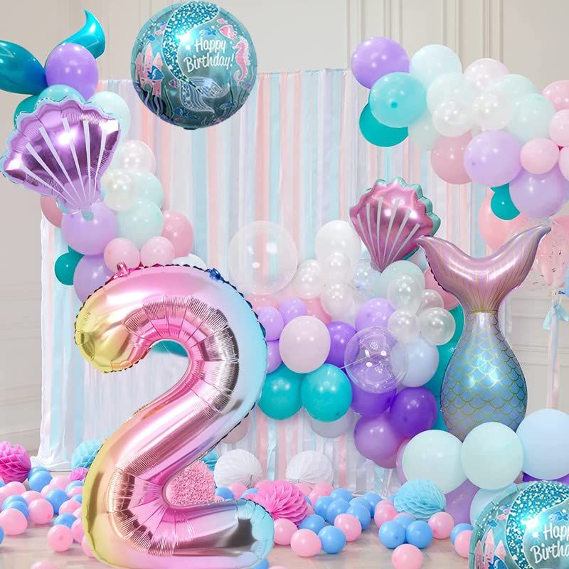 Mermaid Birthday Decoration Mermaid Balloons Kit Sea Balloon Mermaid Foil Balloon Mermaid Tail Balloons for Girls (Number 2) — image 5