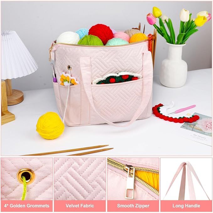 Crochet Bag Organizer for Yarn Storage, Velvet Knitting Tote Bag with Double Handle for Crochet Accessories, Portable Travel Case for Yarn Balls, Crochet — image 4