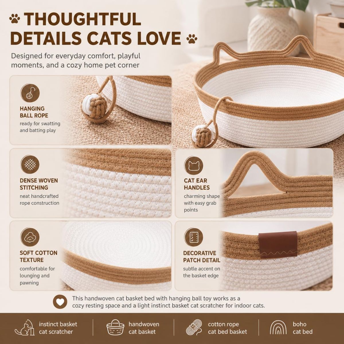 Cat Basket Hand-Woven Cat Bed Cat-Ear Handles Cotton Rope Cat Bed Indoor Cat - Gray - Size S — image 4