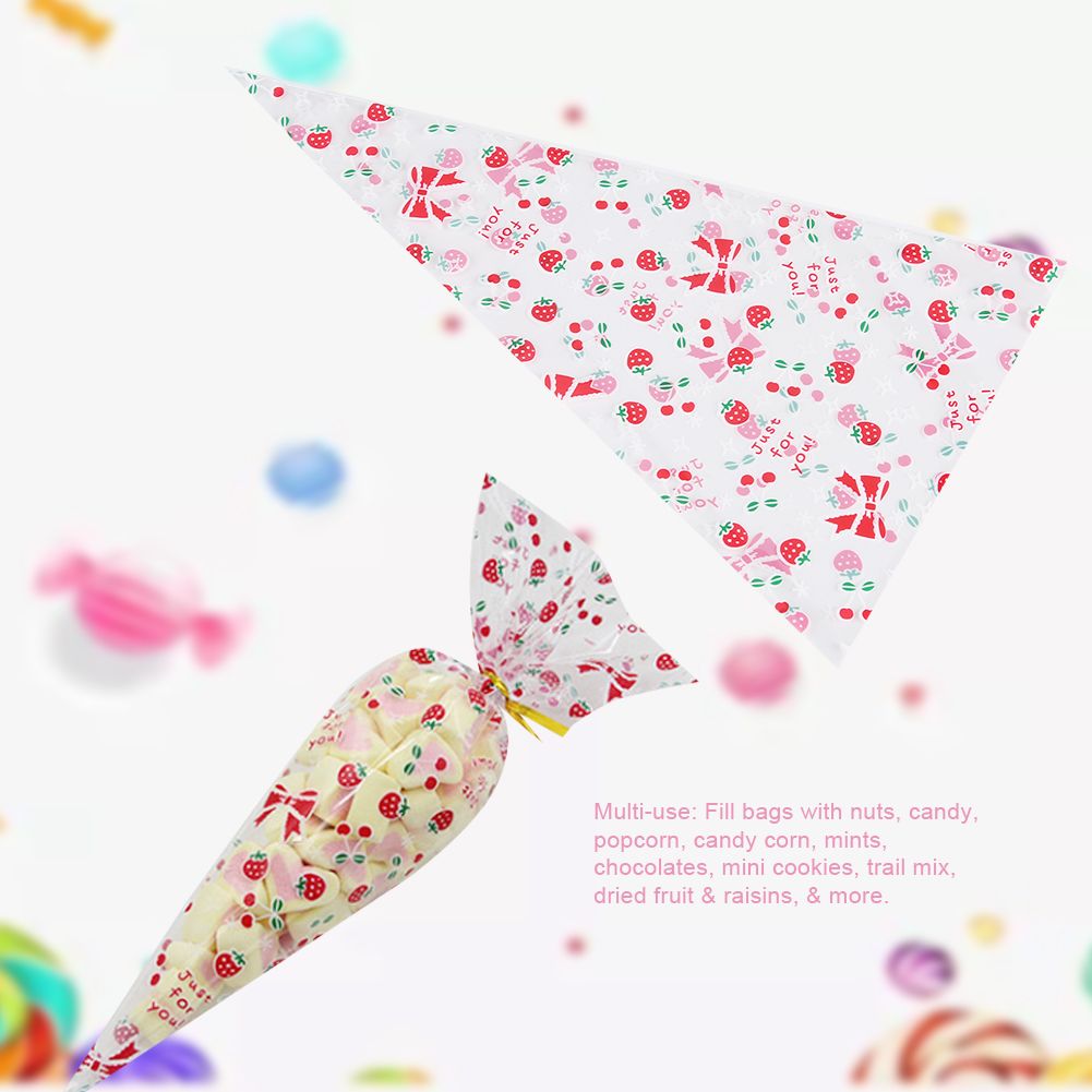 50 Clear Cone shaped Treat Popcorn Bags Treat Bags Cellophane Candy Bags with twist tie Cherry โ image 3