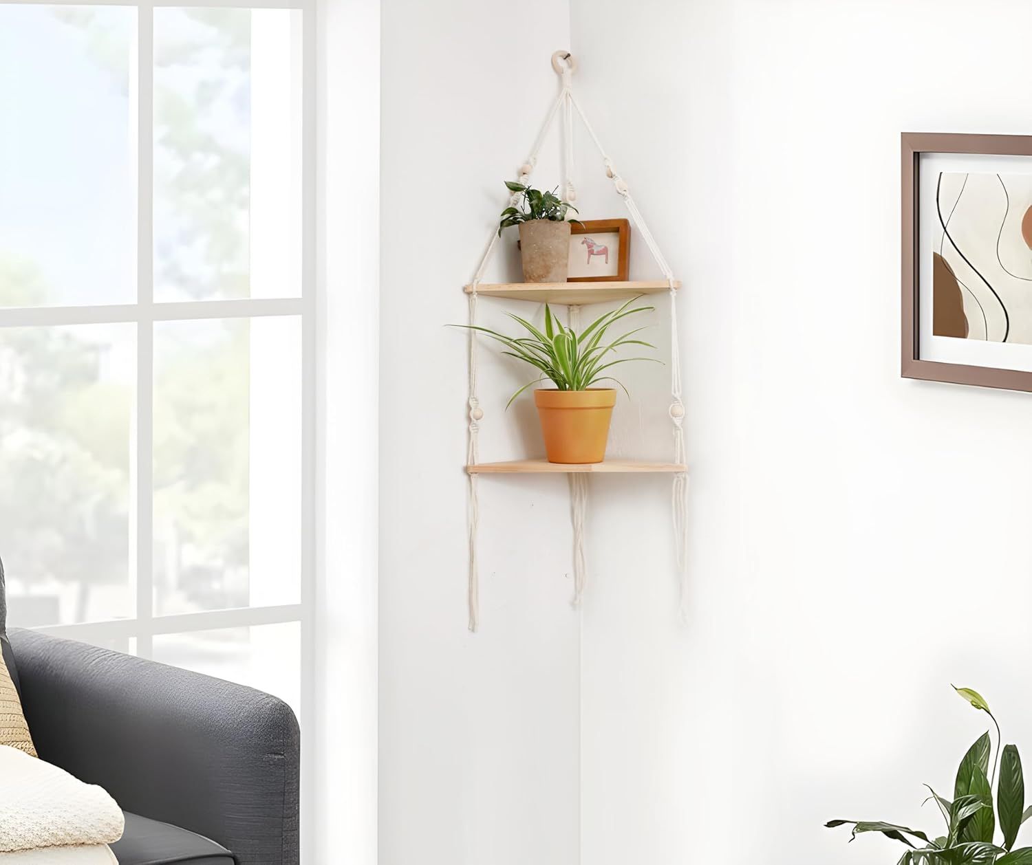 Double layer Bohemian cotton rope hand woven shelf, triangular wooden crafts, home decoration, flower pot storage(white 90*32.5cm) — image 3