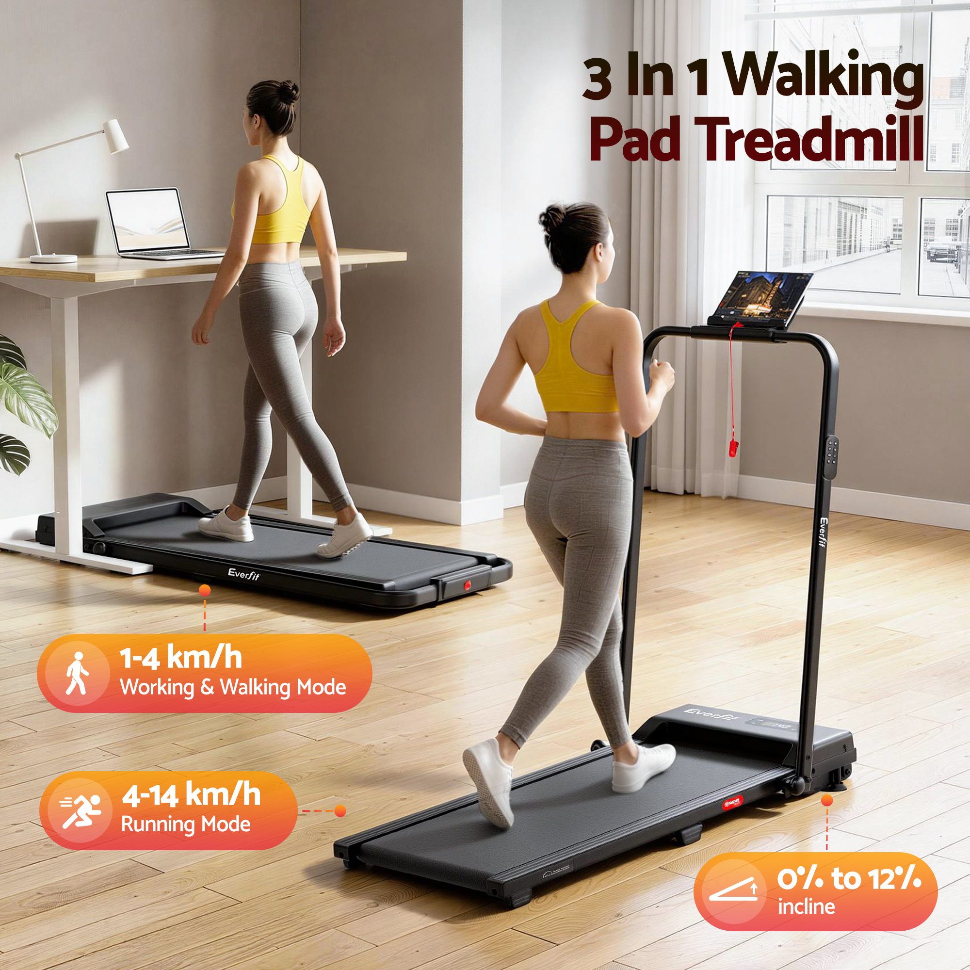 Everfit 3 in 1 Walking Pad Treadmill 12% Incline Under Desk Foldable Treadmills for Home Gym With 38cm Wide Belt APP Control — image 3