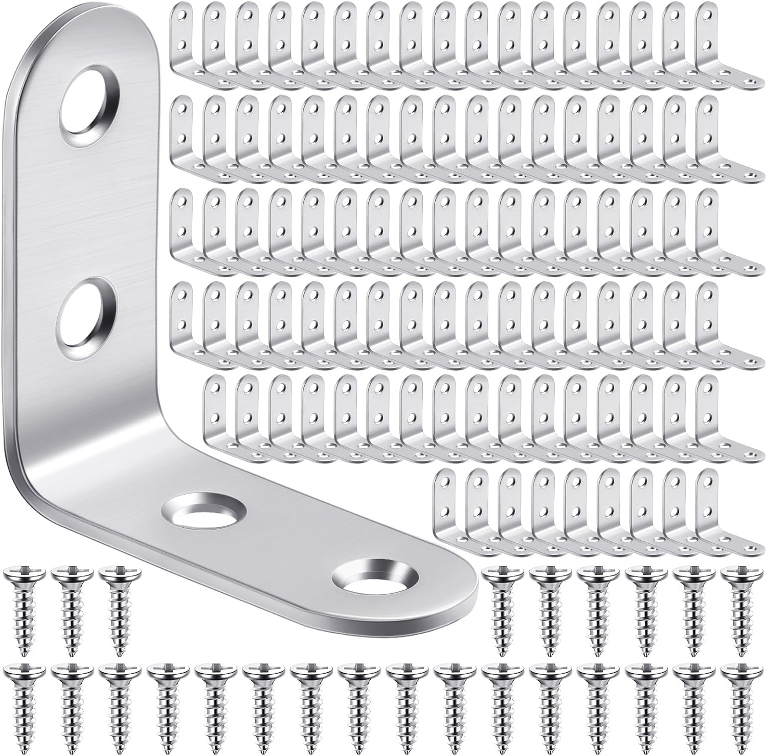 100 Pcs L Shaped Bracket Corner Brace Stainless Steel 90 Degree Corner Brace Heavy Duty Right Angle Bracket for Wood Furniture Chair Drawer Cabinet with Screws
