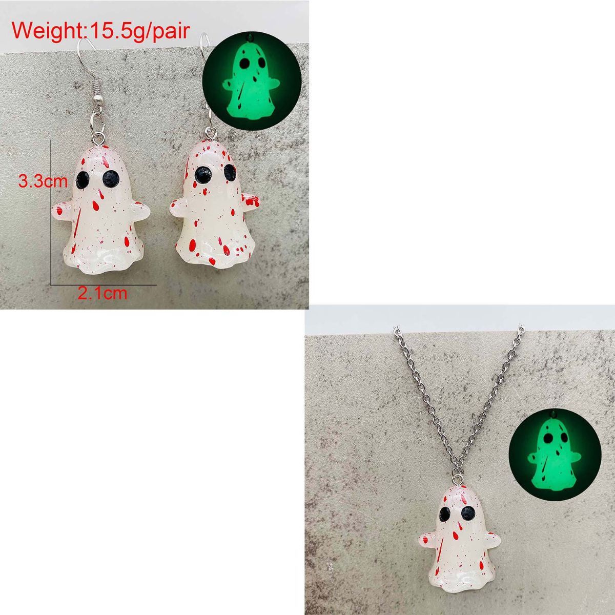 Halloween Ghosts Earrings and Necklace Set Glow in the Dark Adopt a Ghost Earrings Necklace Spooky Light up Halloween Jewelry Set for Women and Men