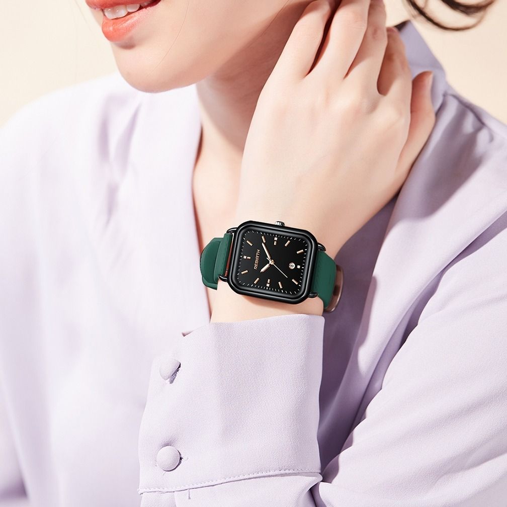 Elegant Retro Preppy Style Women's Quartz Watch - Square Black Dial with Pink Silicone Strap, Zinc Alloy Case, Non-Rechargeable Battery/GREEN โ image 2