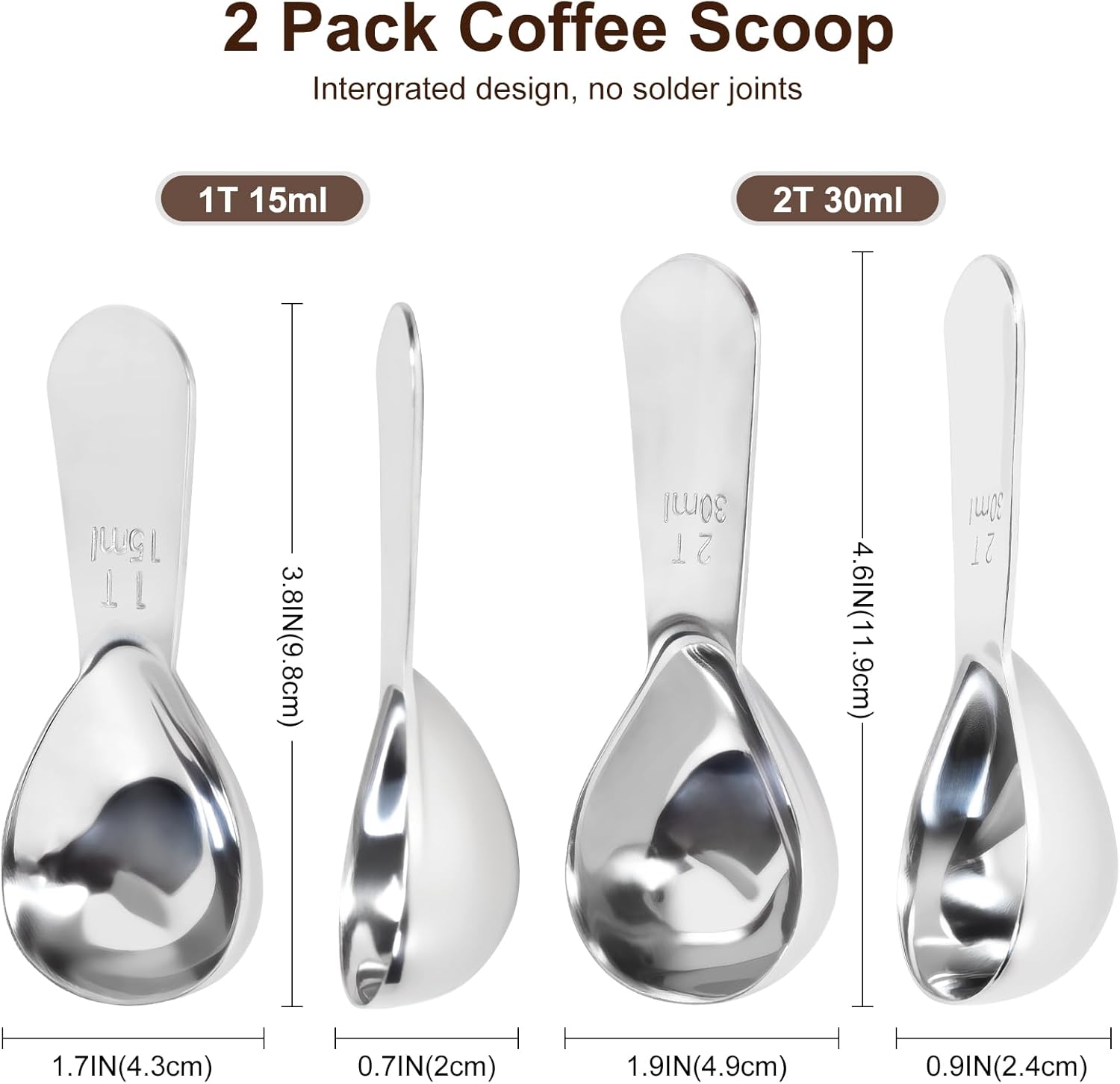 2Pcs Coffee Scoops, Premium 18/8 Stainless Steel Coffee Spoons, Set of 2 Short Handled (1 Tablespoon & 2 Tablespoon) Coffee Measuring Spoon for Ground Coffee — image 2
