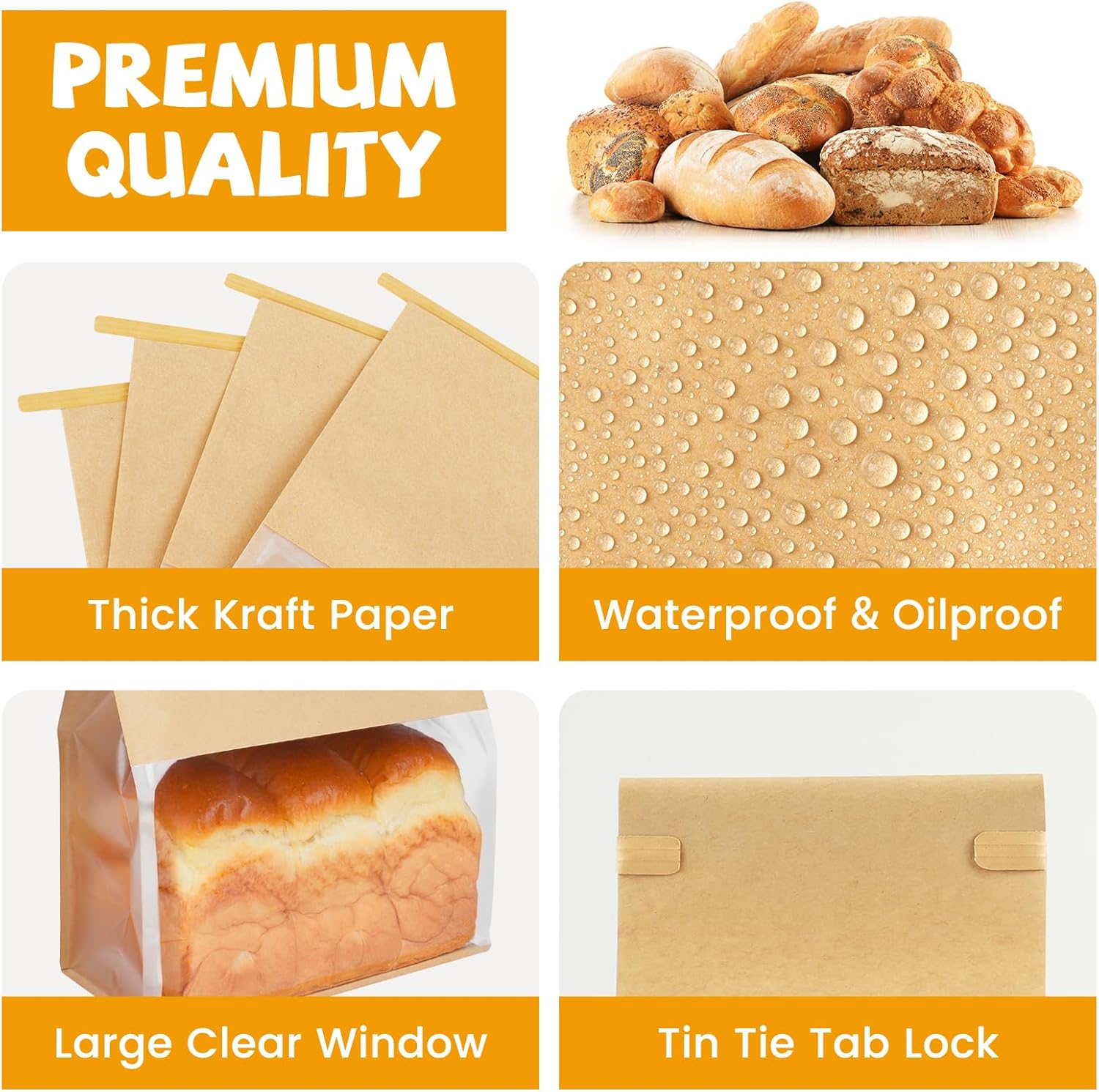 50 Pack Bread Bags with Tabs for Homemade Sourdough Bread, 8.7 × 4.3 × 11 Inches Tin Tie Tab Lock Large Paper Bakery Packaging Bags with Window for Gifting & — image 3