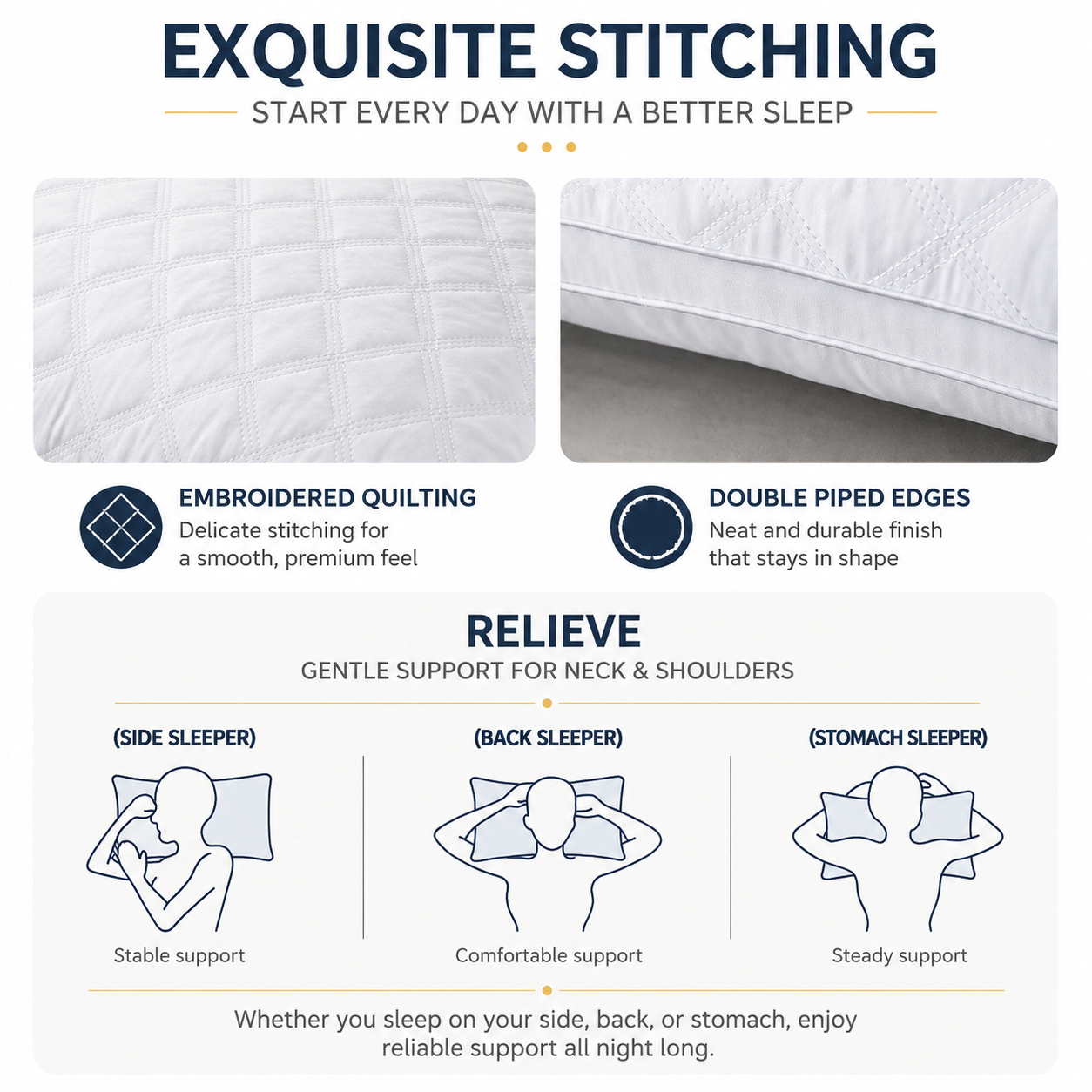 High Rebound Quilted Hotel Pillow Set 2 Pack - Anti Collapse Brushed Fabric Bed Sleeping Pillows for Ergonomic Neck Support (High Pillow) — image 5