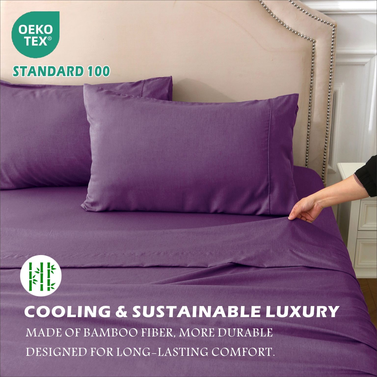 3 Piece Hotel Bamboo Cooling Sheet Set -Ultra Soft 2000TC Breathable Bed Sheets Set with 37 Centimetre Deep Pocket-Cooling Sheets for Hot Sleepers(Purple,King — image 6