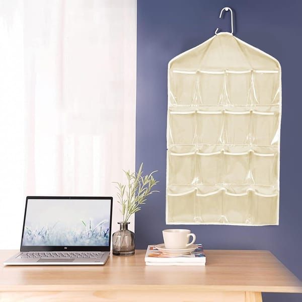 4 Pack Beige Hanging Closet Organizer, Portable 16 Pockets Behind the Door Storage Bag for Underwear, Socks & Small Accessories — image 5