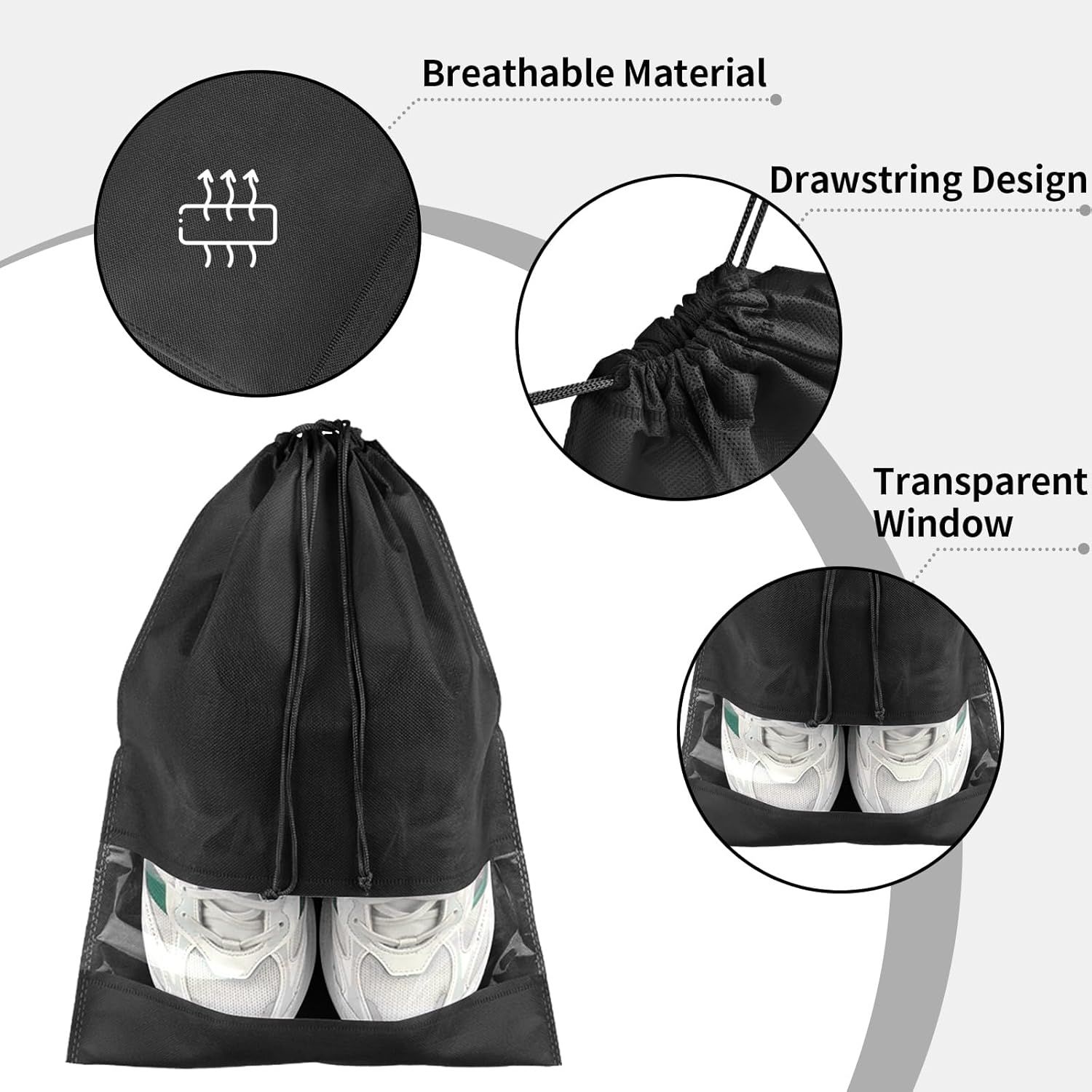 12 Pack Large Shoe Bags for Packing with Clear Window, Dustproof Drawstring Travel Shoe Storage Bags for Men & Women, Black — image 3