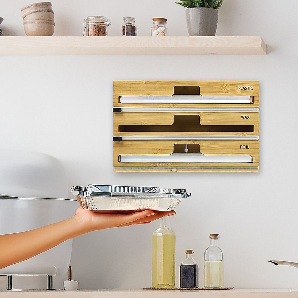 3 Grids Bamboo Food Wrap Dispenser Cutter Foil Cling Film Storage Holder Box Kitchen โ image 3