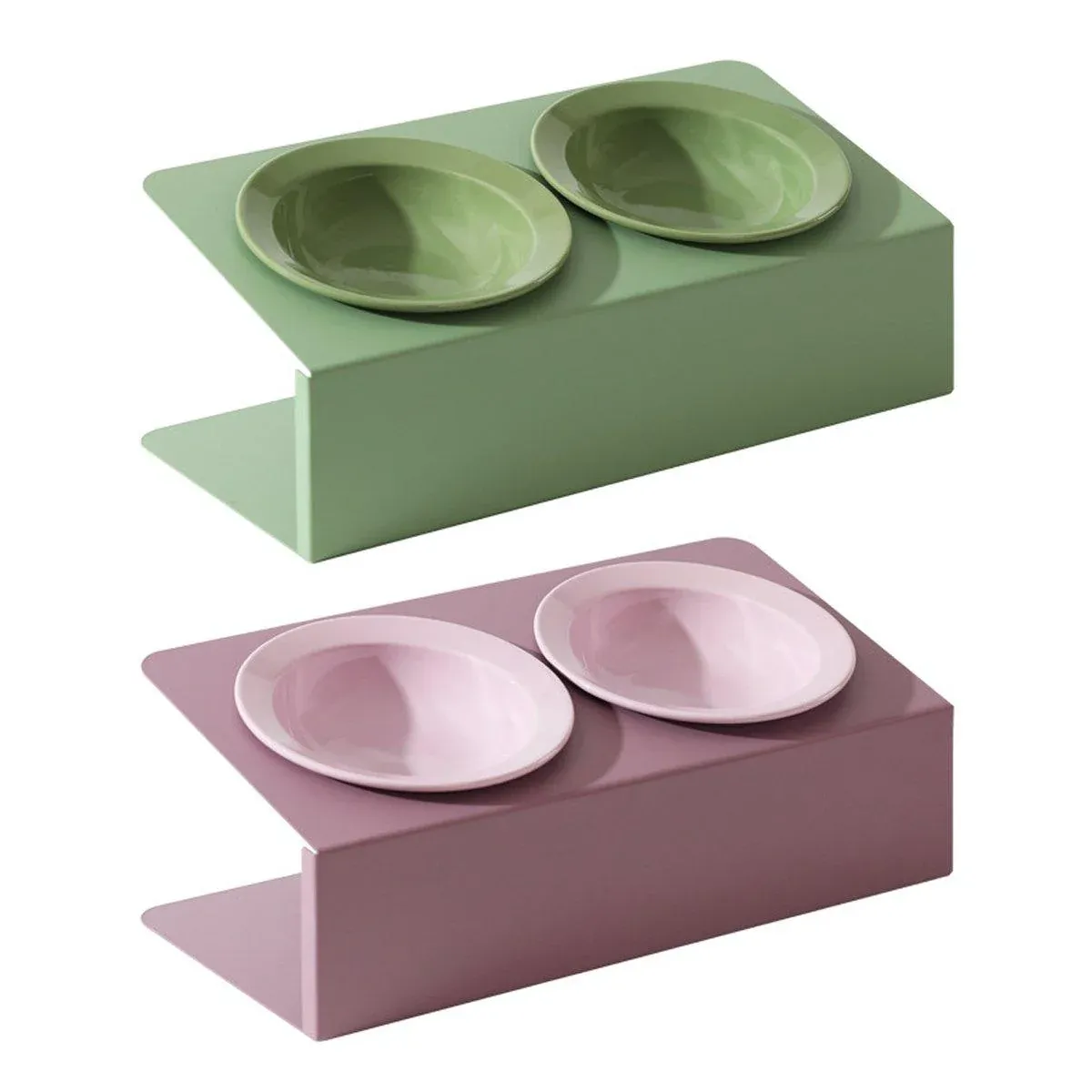 Ceramic Slanted Double Pet Bowl Cat Dog Food Water Bowl Non-Slip Feeding Dish - Green โ image 3