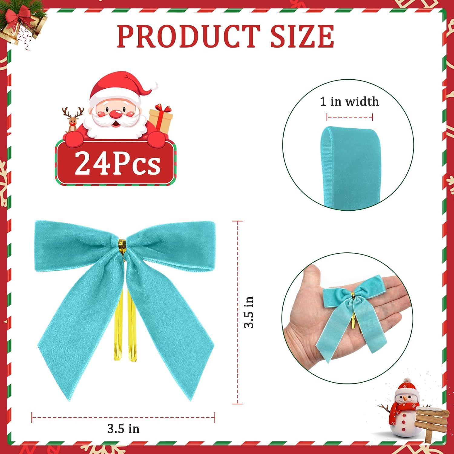 Blue Velvet Bows for Christmas Tree, 24 PCS Velvet Ribbon Bow Ornaments for Xmas Tree, Small Teal Christmas Bows Decorations for Wreaths, Garland, Gift โ image 3