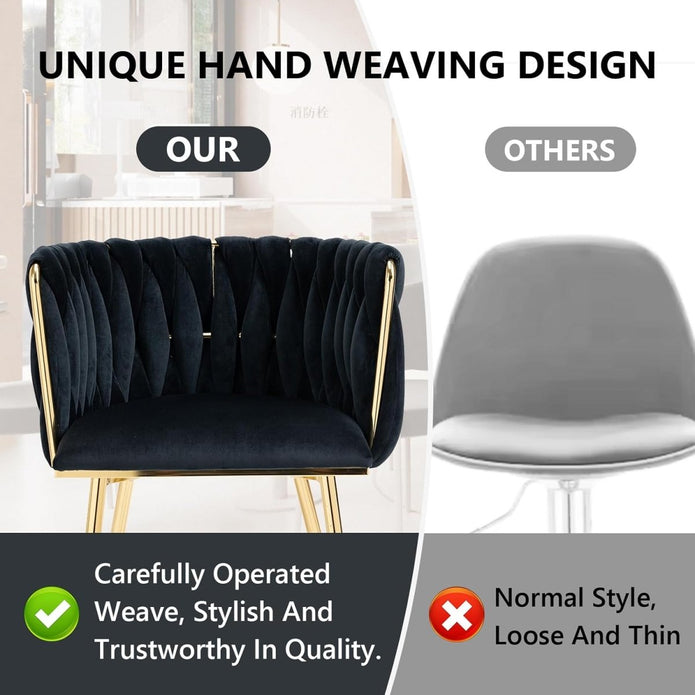 SERENITà Black Modern Hand Weaving Dining Chairs, Velvet Upholstered Side Chairs with Gold Legs, Chic Vanity Chairs with Armrest, Accent Chair for — image 5