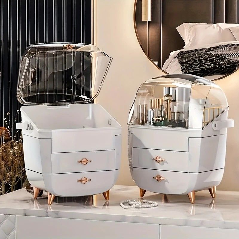 WHITE Luxury Transparent Flip-top Cosmetic Organizer, Large Capacity with Smart Compartments, Dustproof & Silent Drawers, Essential for a Neat Vanity โ image 2