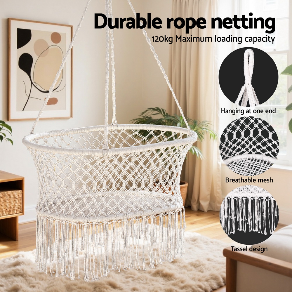 Gardeon Hammock Chair Cotton Swing Chair Outdoor Indoor Cream — image 4
