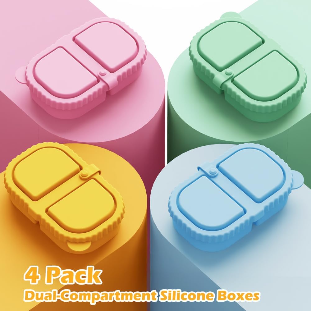 YQL 4 Pack Silicone Snack Containers with Leakproof Lids, Double-Compartment Bento Boxes for Kids & Adults, Reusable Food Storage for Snacks, Sauces, Lunch — image 4