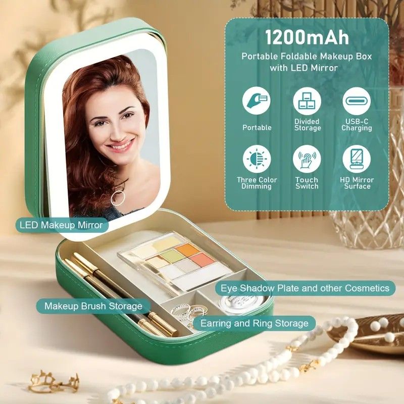 Portable 3-Light LED Makeup Mirror with Organizer β Travel Vanity Case, Rechargeable Touch Control Makeup Box for Home & Travel(WHITE) β image 6