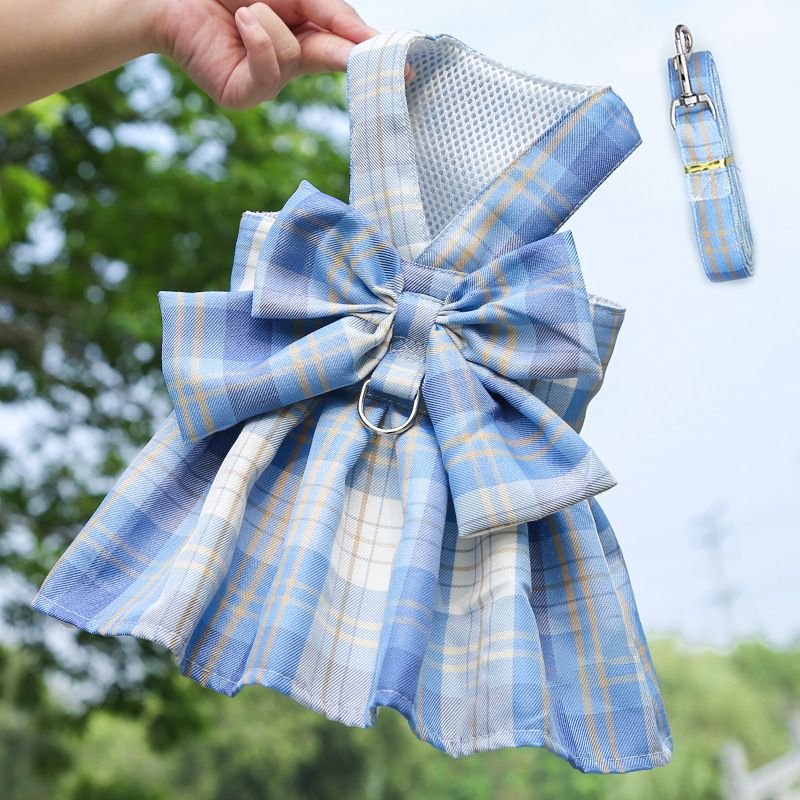 Blue Plaid Pet Harness Dress with Leash for Small Dogs and Cats XXL Size Bow Design Vest Outfit Walking Accessory — image 4