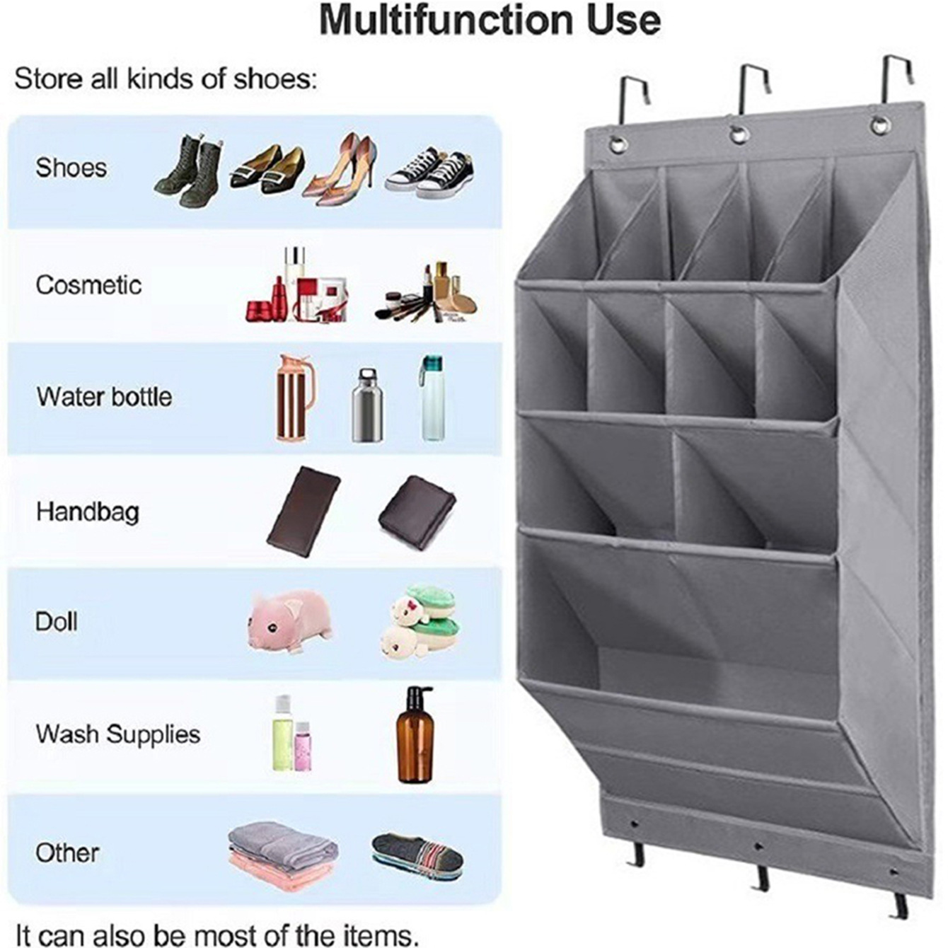 8-Tier Grey Collapsible Over-the-Door Hanging Storage Bag - Space-Saving Shoes & Sundries Wall Holder with Hooks — image 3